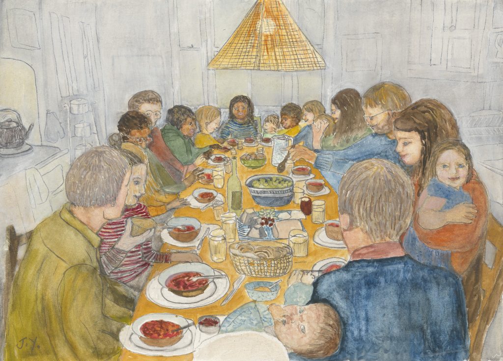 Book cover . A large gathering of family and friends around a table of food
